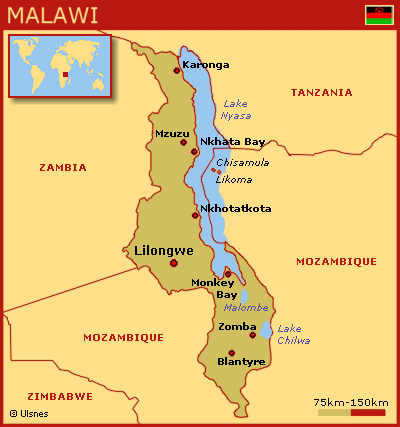 Malawi har grænser til Mozambique, Zambia og Tanzania. Kilde: www.at-rejse-er-at-leve.dk